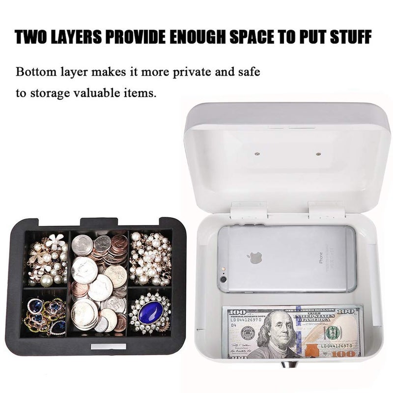 Jssmst Small Cash Box with Key Lock - Durable Metal Cash Box with Money Tray White, CB0105M - Image 2